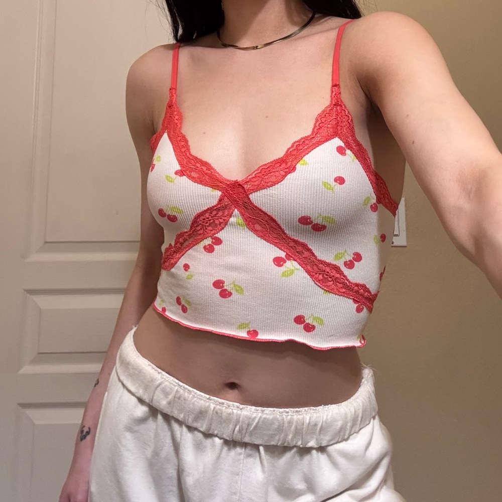Cherry Print Lace Trim Cami Top